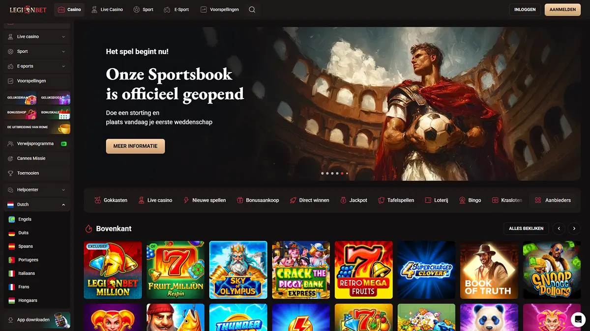 Nederlandstalige LegionBet-website met casinonavigatie en taalkeuze