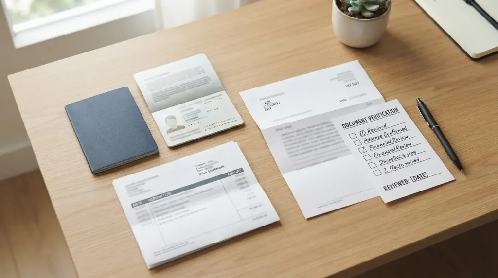 Identiteitsbewijs, adresdocument en bankdocument naast een checklist voor accountverificatie
