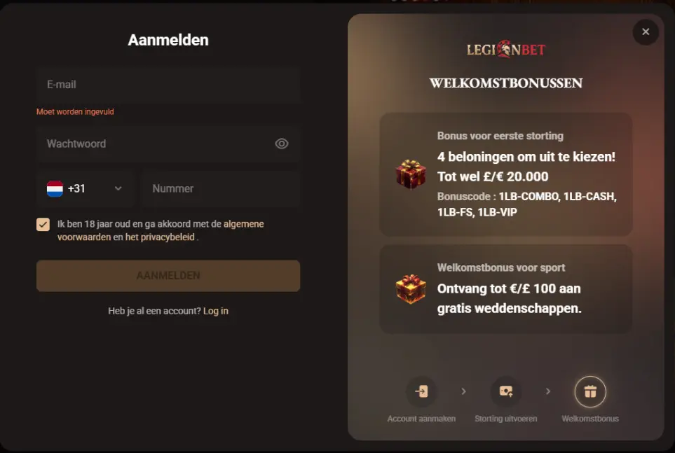 LegionBet aanmeldscherm met velden voor het openen of benaderen van een account