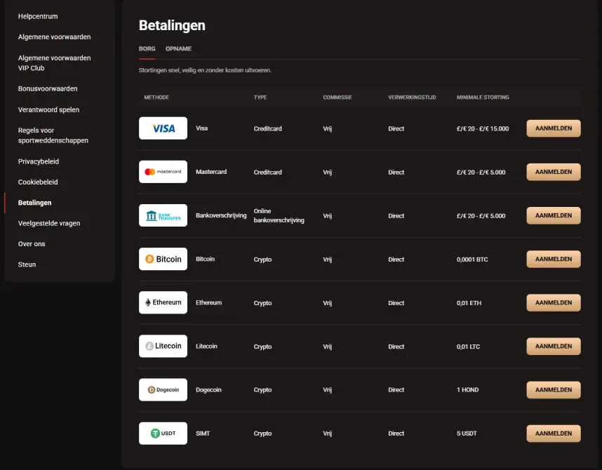 LegionBet betaalpagina met kaarten, bankoverschrijving en cryptovaluta voor storten en opnemen