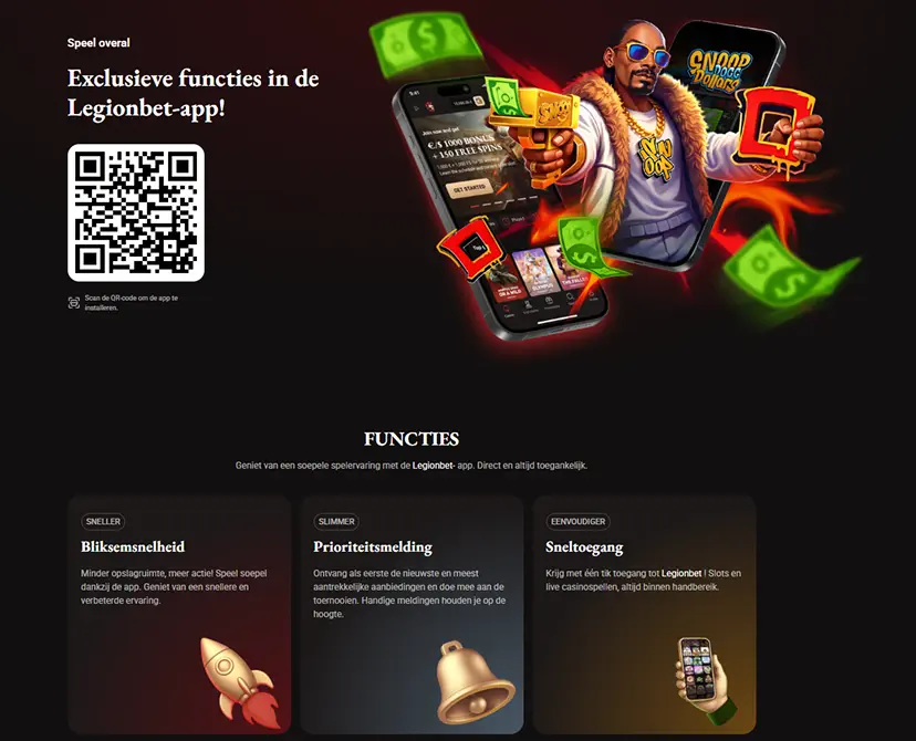 LegionBet op een smartphone met mobiele navigatie en toegang tot casino en sport
