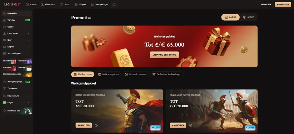 LegionBet promotiepagina met welkomstbonussen, reloadacties en bonusvoorwaarden
