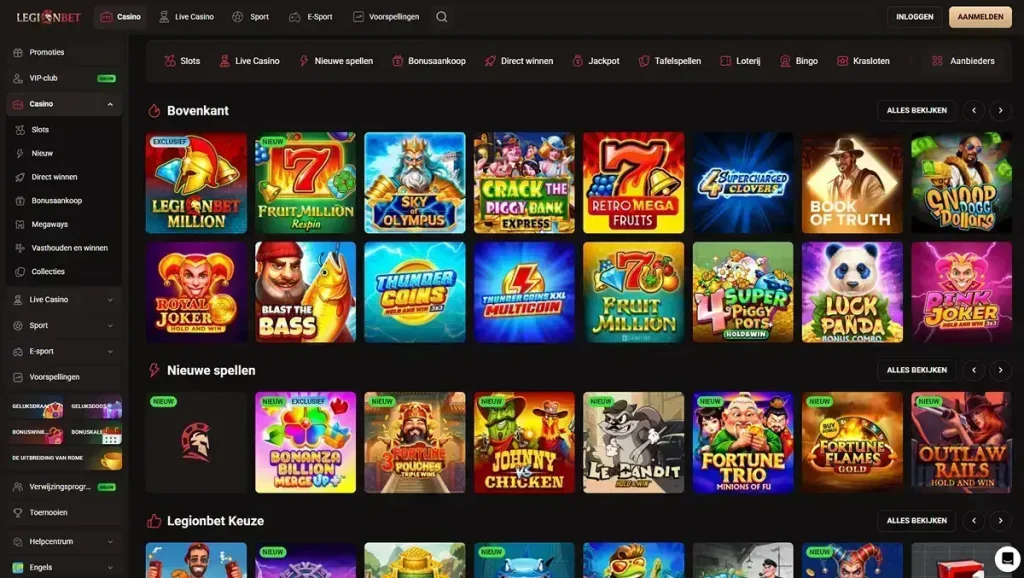 LegionBet spellobby met categorieën voor slots, live casino en andere casinospellen